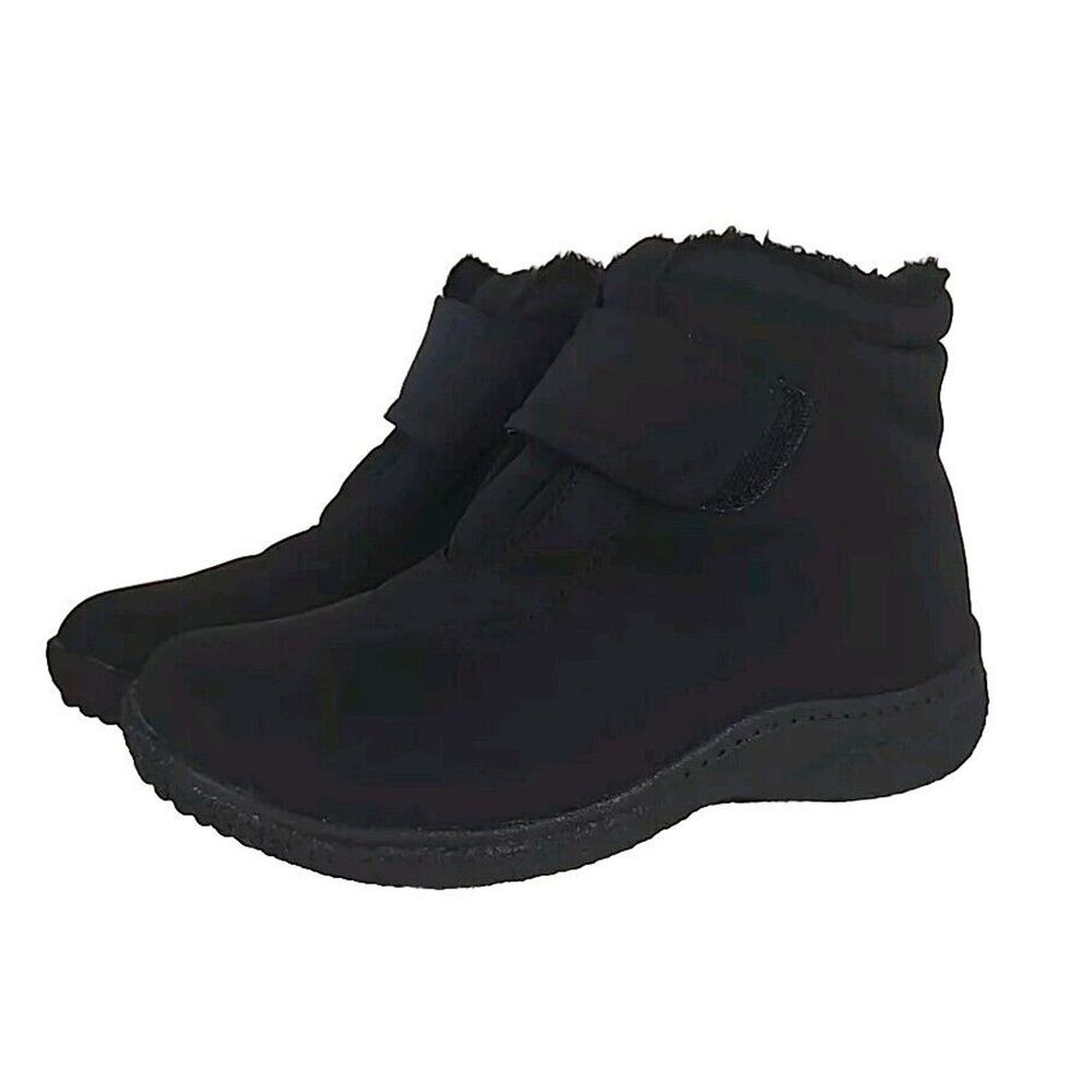 Women's Black Winter Ankle Boots with Fleece Lining and Hook-and-Loop Strap